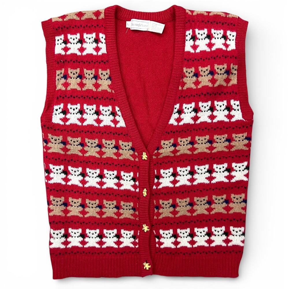 Vintage Teddy Bear Christmas Grannycore Knit Sweater Vest L 80s Cottage Preppy